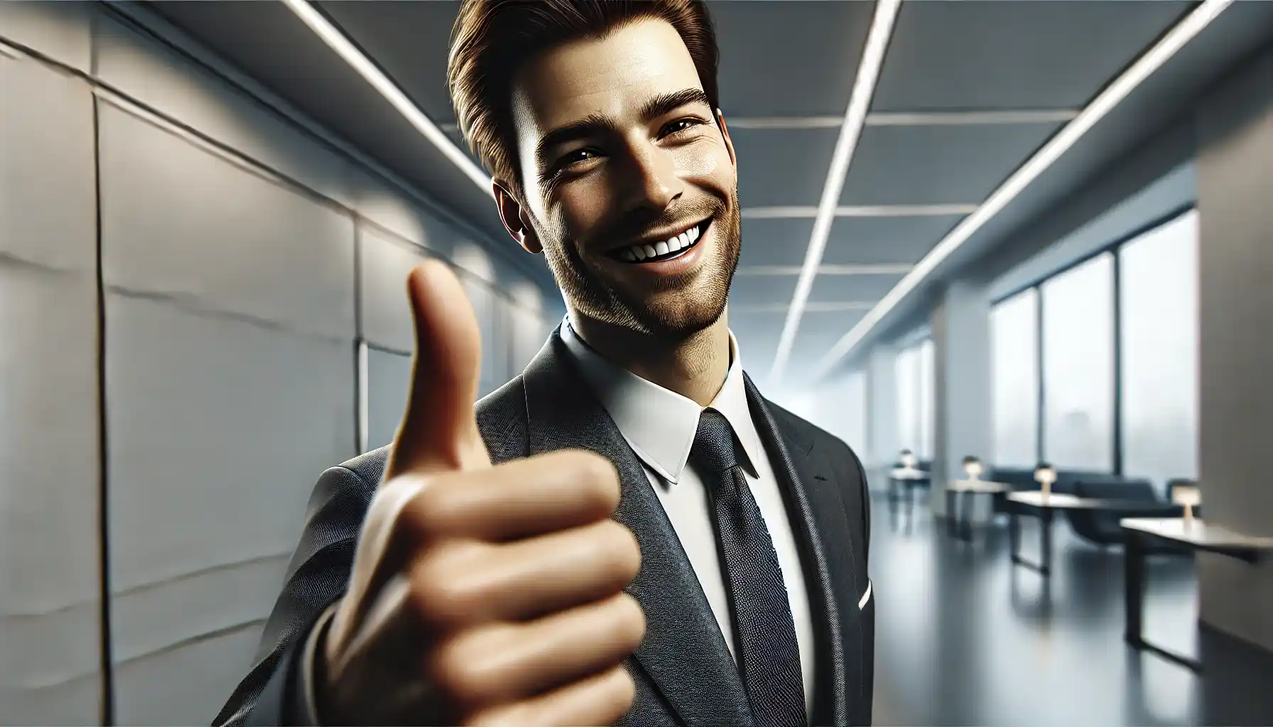 a man in a suit showing a thumbs-up and laughing in an office.