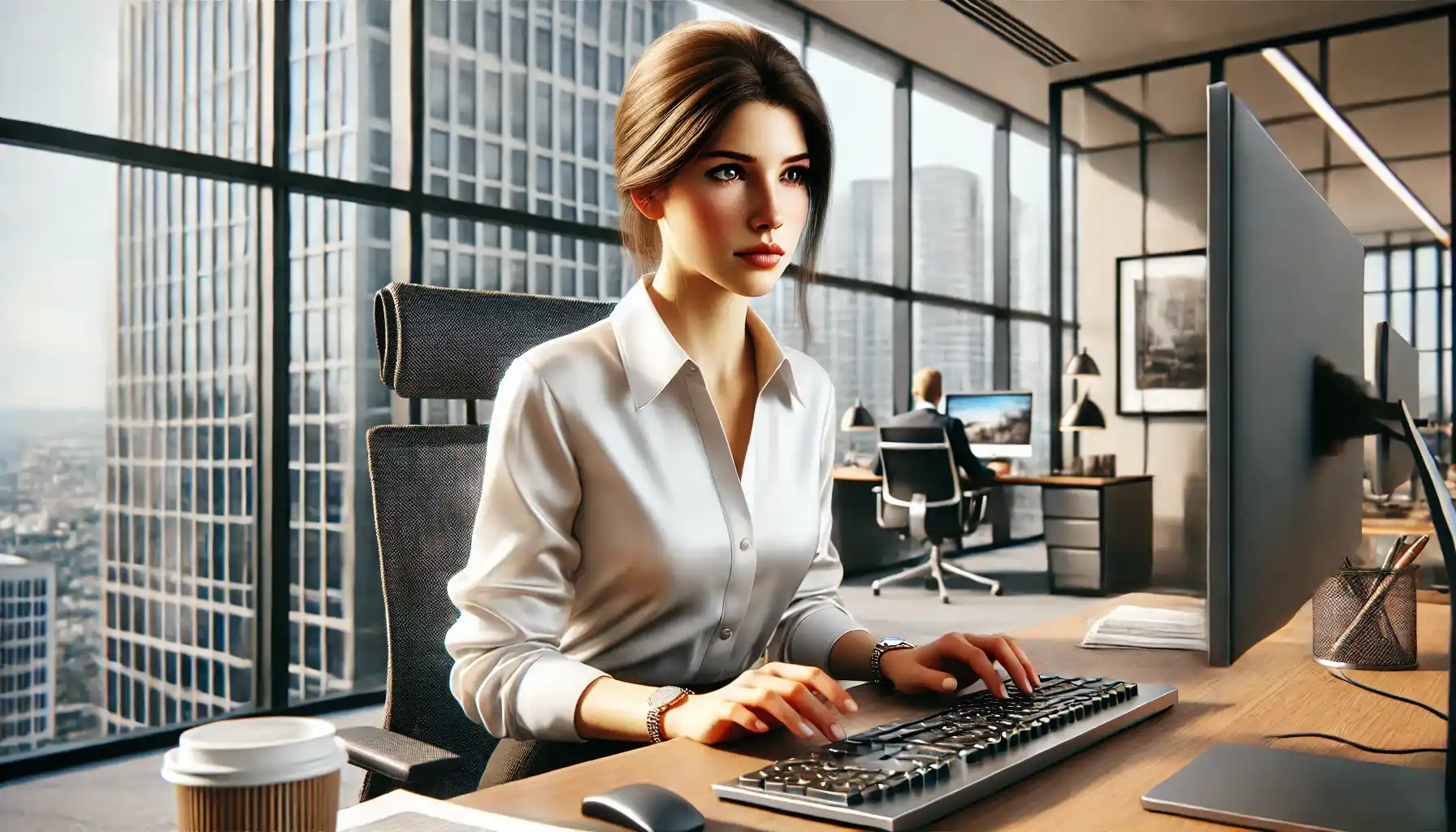 a professional woman working on a computer in a corporate office with a focused and determined expression while typing on her keyboard.