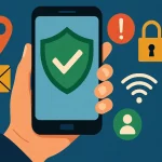 A hand is holding a phone that shows protection from various threats and stays secure.