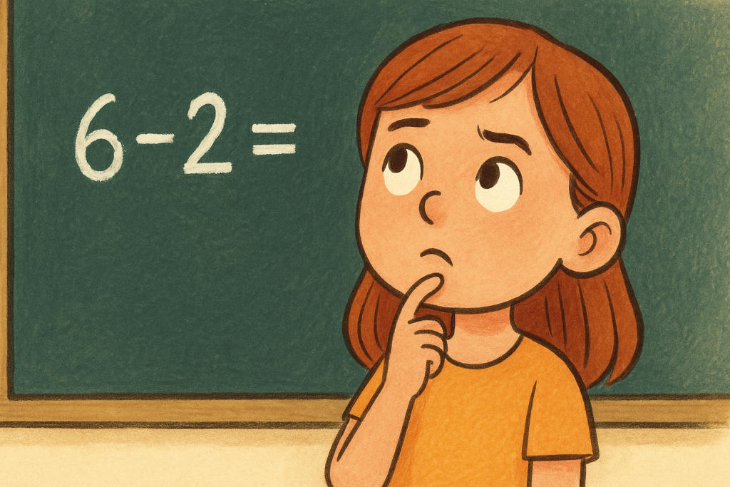 A girl thinking in front of a blackboard, solving a simple equation.