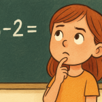 A girl thinking in front of a blackboard, solving a simple equation.