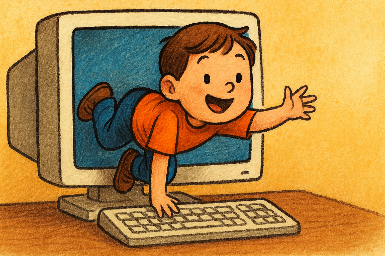 A smiling child crawling out of a vintage computer monitor, reaching forward with one hand, symbolizing entering the digital world.