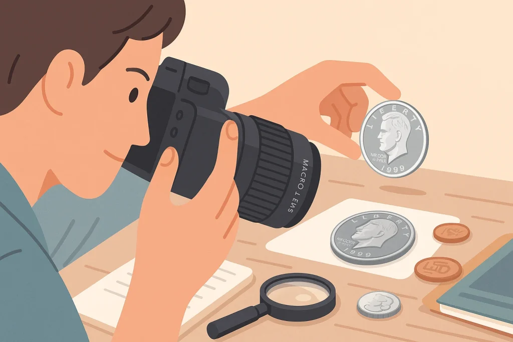 A collector is taking a macro photo of a coin.