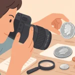 A collector is taking a macro photo of a coin.