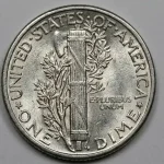 close-up of a 1945 Mercury dime reverse with fasces design